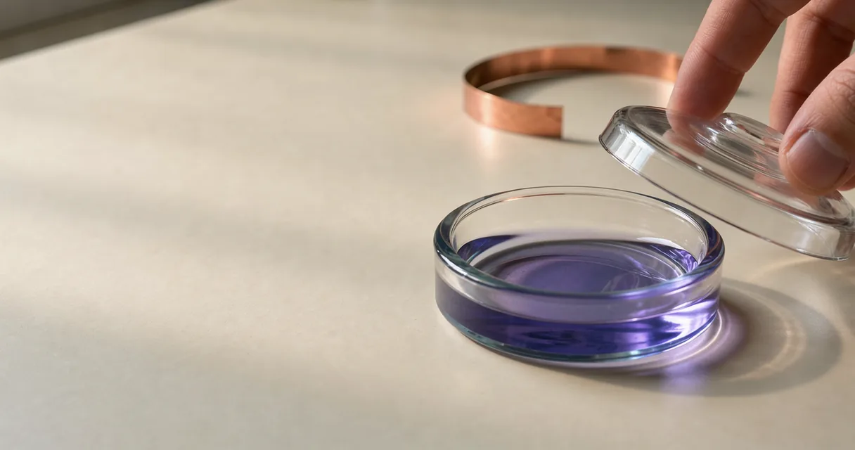 A shallow dish of blue-violet liquid under a lifted glass cover on a cream laboratory bench