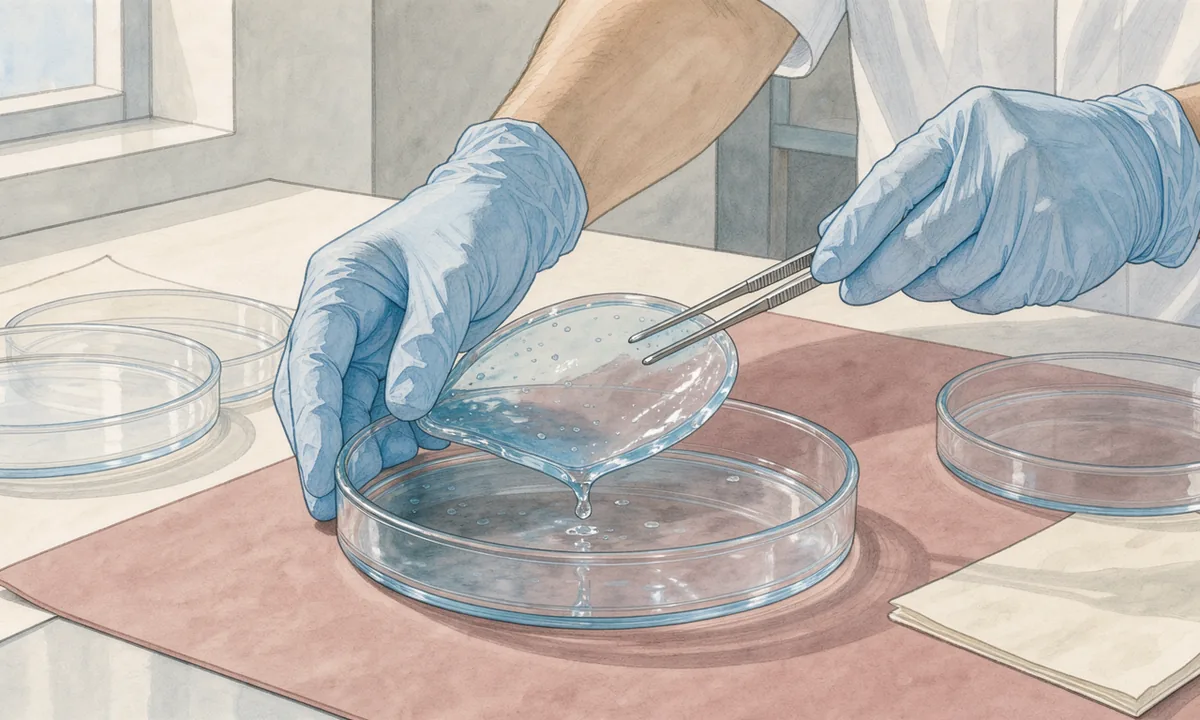 Gloved hands lifting a translucent gel disc with forceps above a culture dish