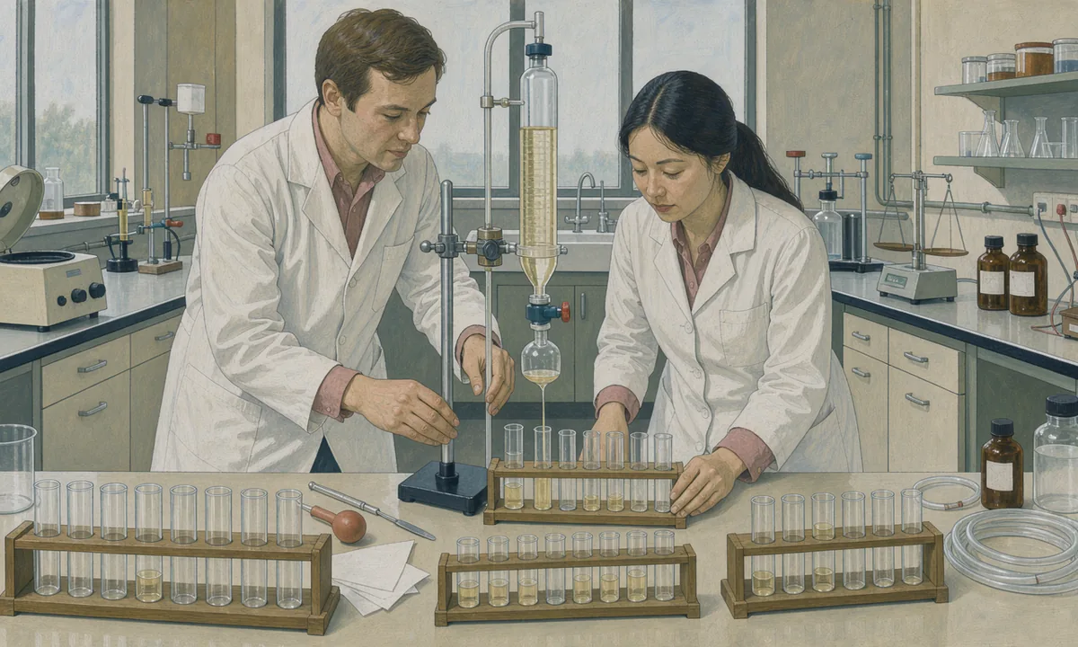 Two laboratory workers beside a glass separation column and rows of test tubes