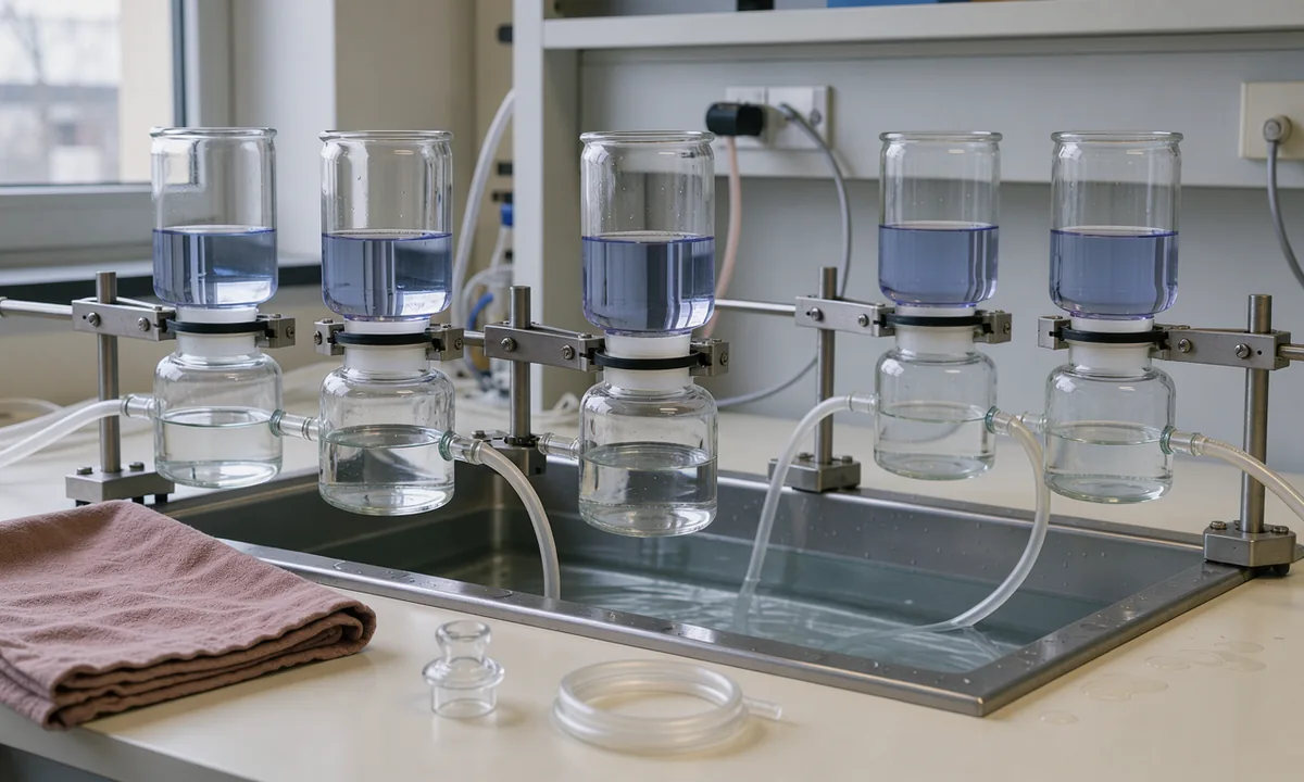 Glass diffusion cells clamped above a water bath on a pale laboratory bench